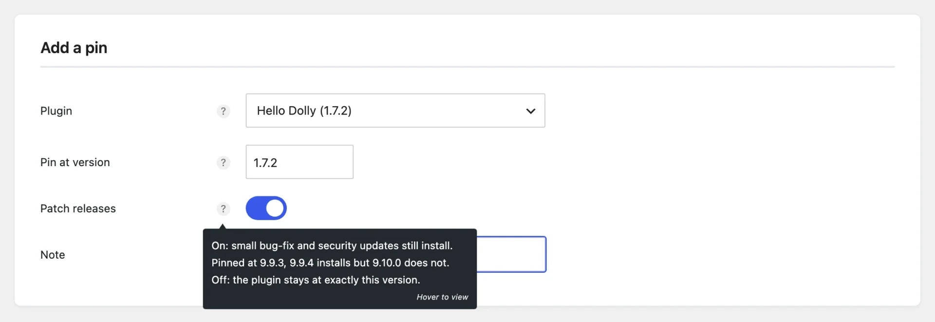 Adding a pin: choose a plugin, the version and whether patch releases are allowed, with a plain explanatio