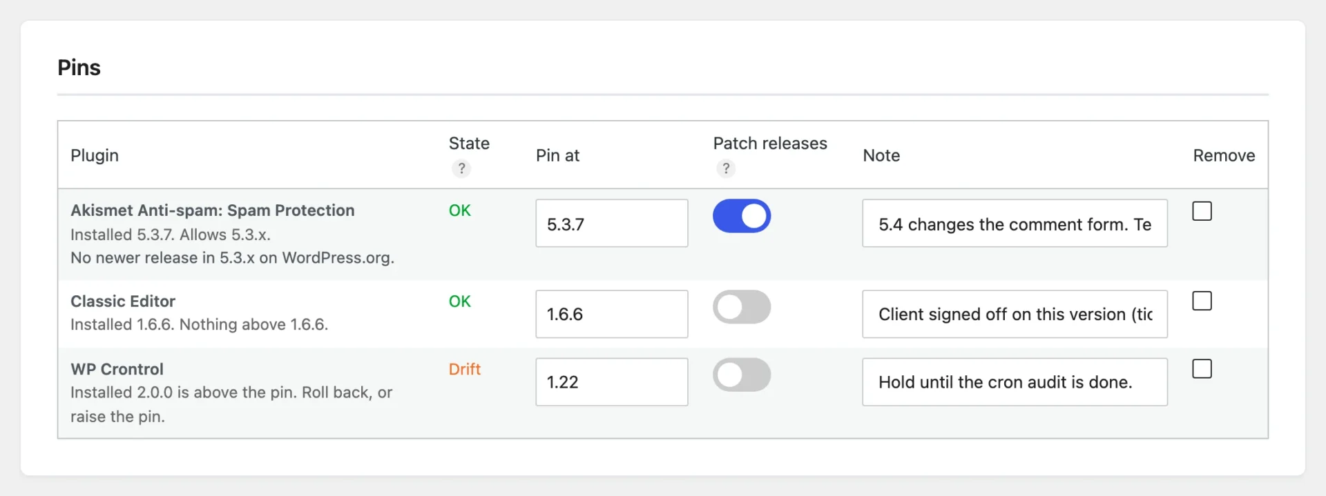 The Version Pin screen listing three pinned plugins with their versions, notes and states