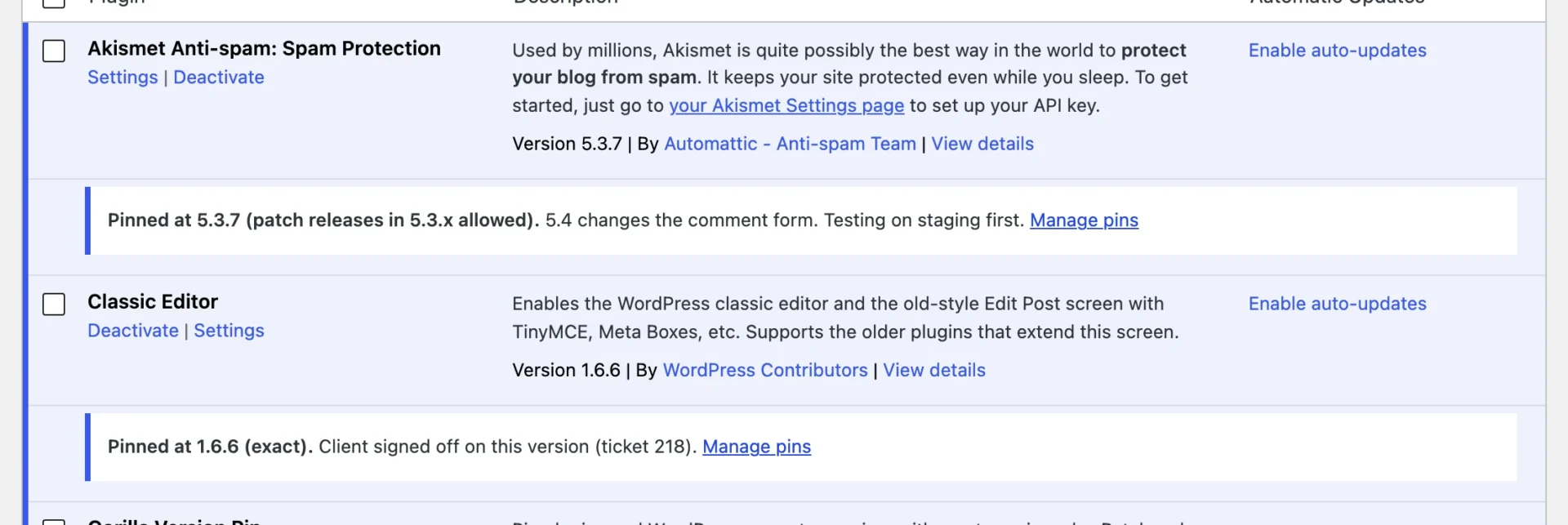 The Plugins screen showing a pinned plugin with its note and no update offered
